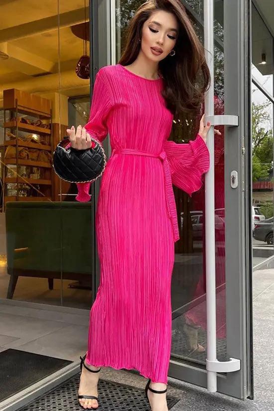 Celebrity Style Crew Neck Bell Sleeve Shift Pleated Maxi Dress - Hot Pink  Fashionpara