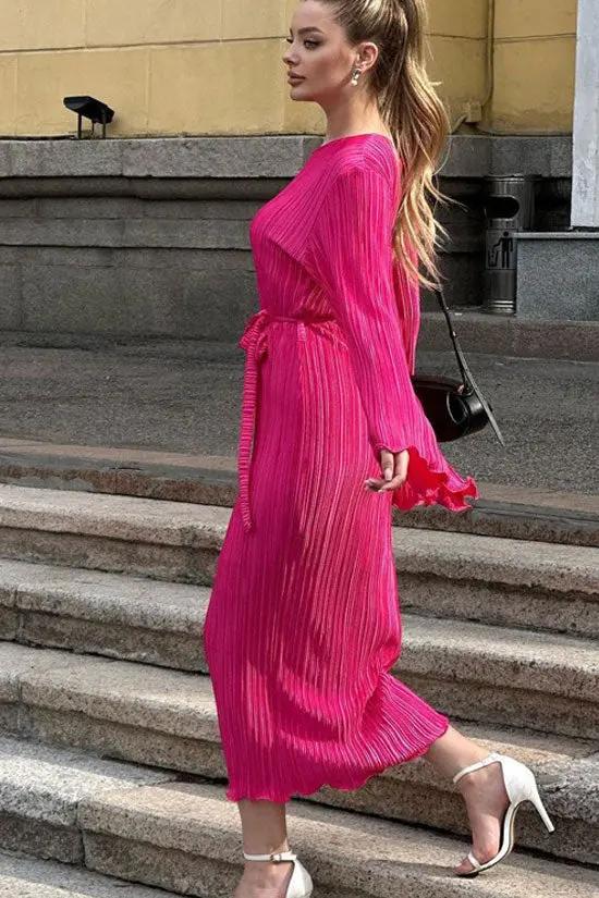 Celebrity Style Crew Neck Bell Sleeve Shift Pleated Maxi Dress - Hot Pink  Fashionpara