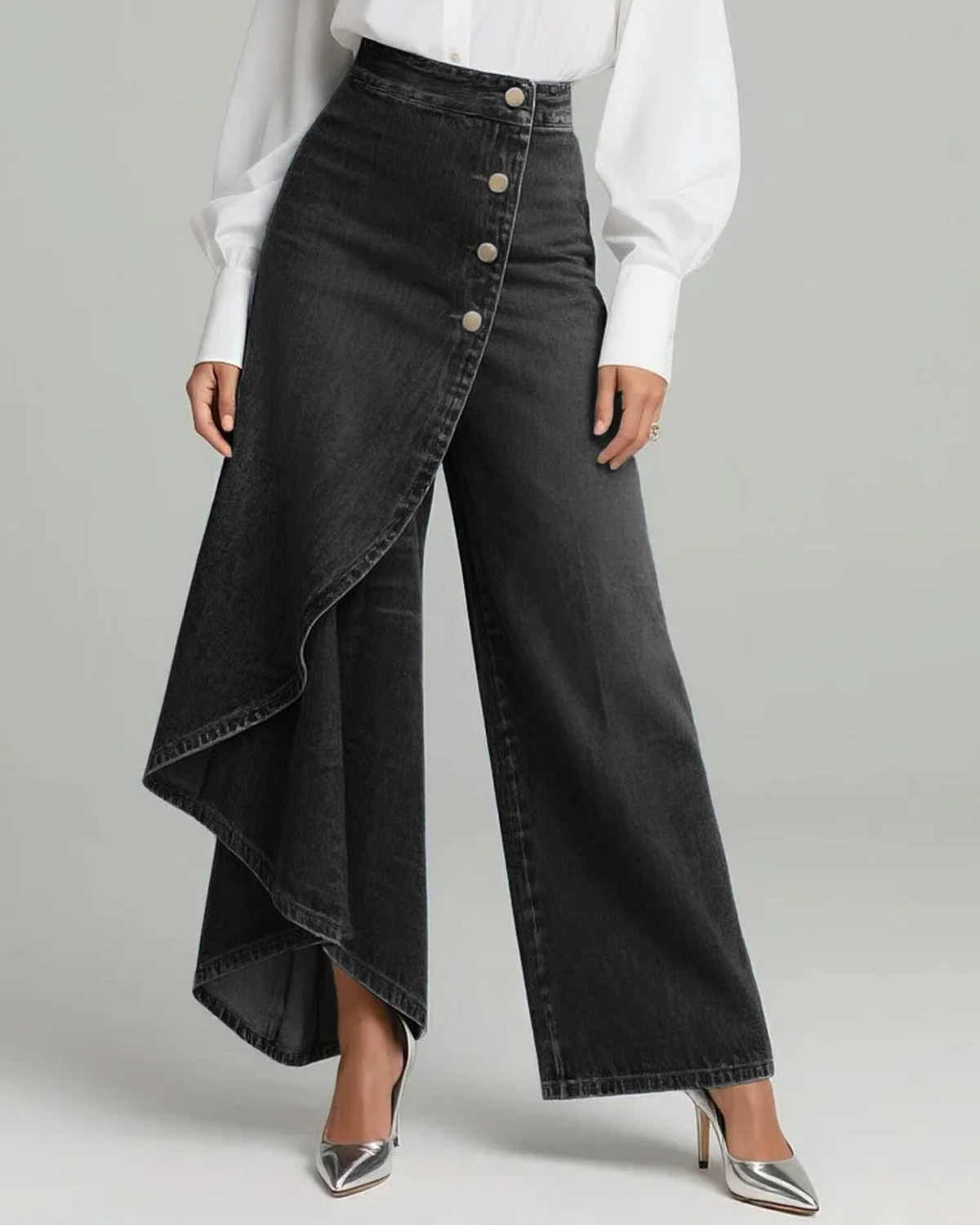 High Waist Ruffle Wrap Overlay Wide Leg Jeans 4