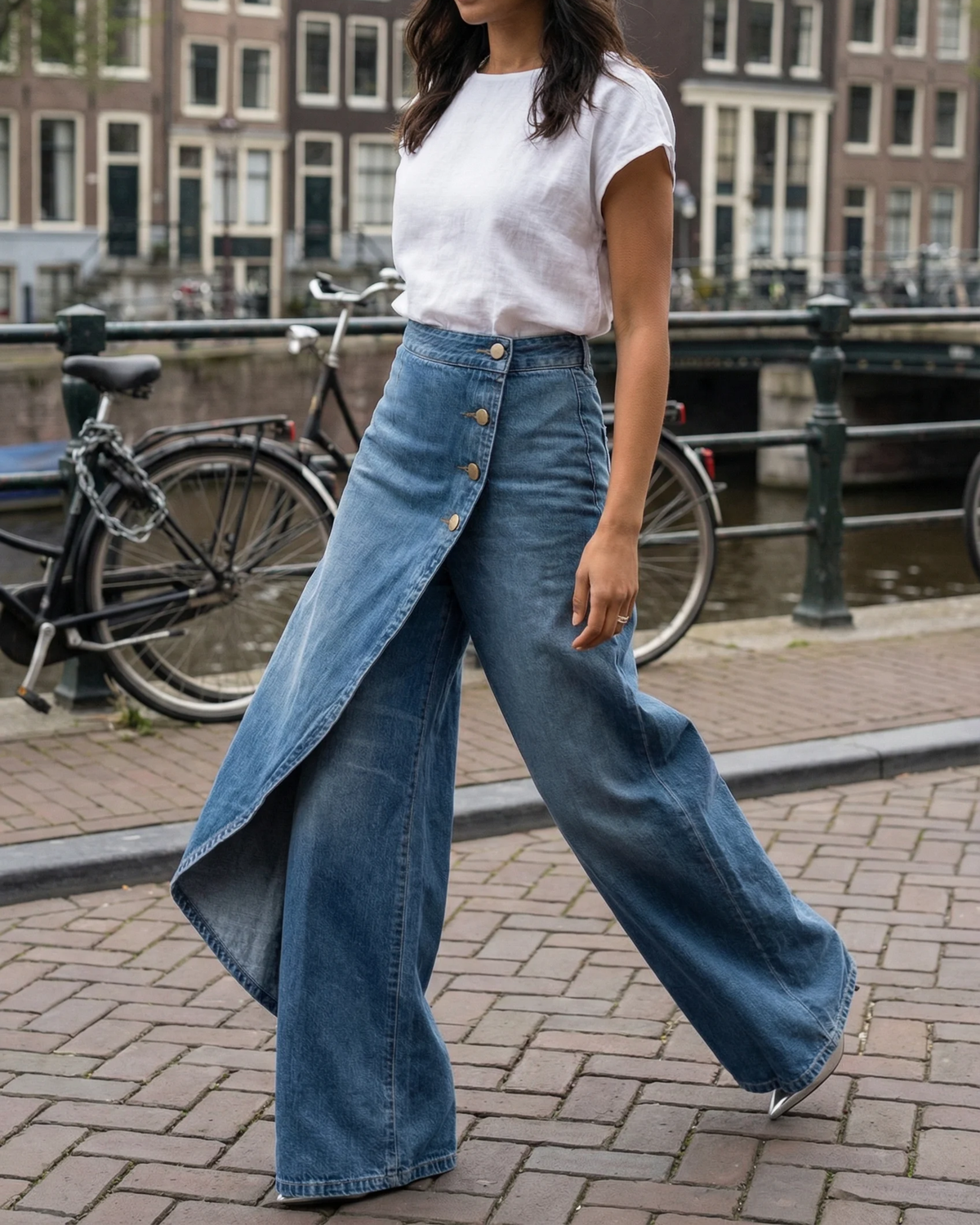 High Waist Ruffle Wrap Overlay Wide Leg Jeans 6