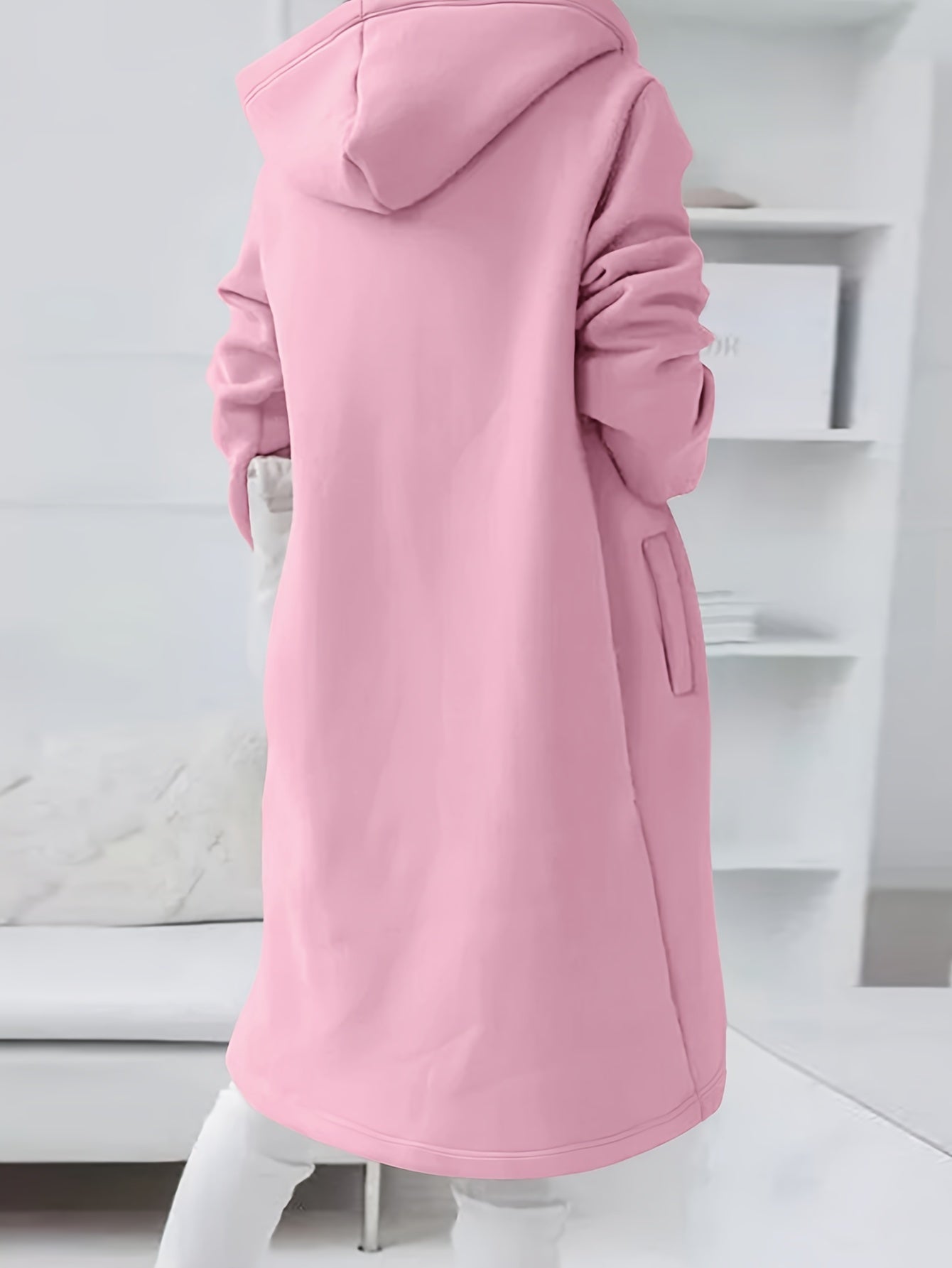 Solid Zipper Drawstring Midi Hooded Jacket for Versatile Style