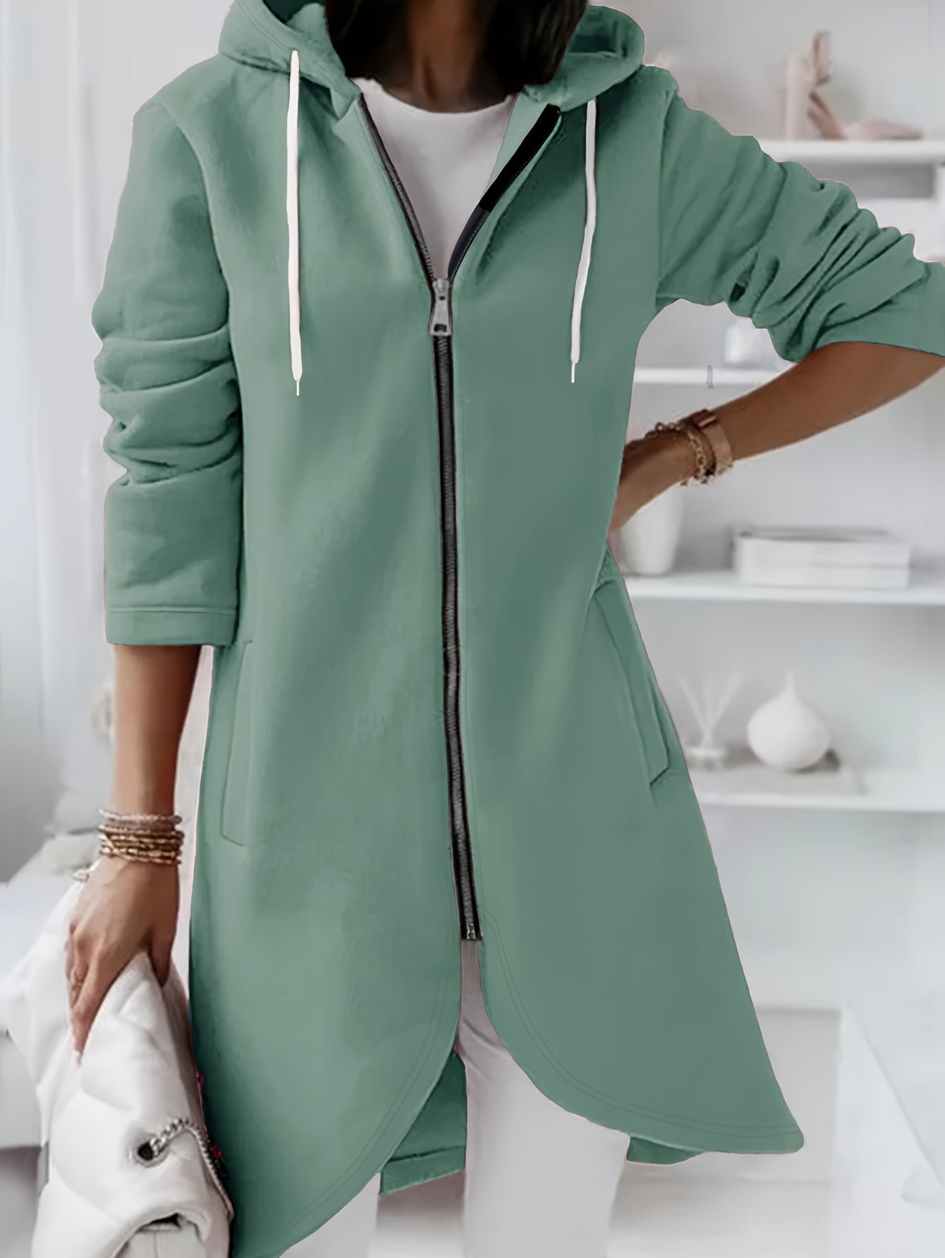 Solid Zipper Drawstring Midi Hooded Jacket for Versatile Style