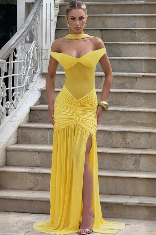 Mesh Off Shoulder Ruched High Split Mermaid Maxi Dress