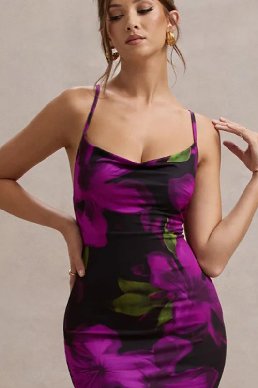 Floral Print Cowl-Neck Spaghetti Strap Bodycon Maxi Dress 4