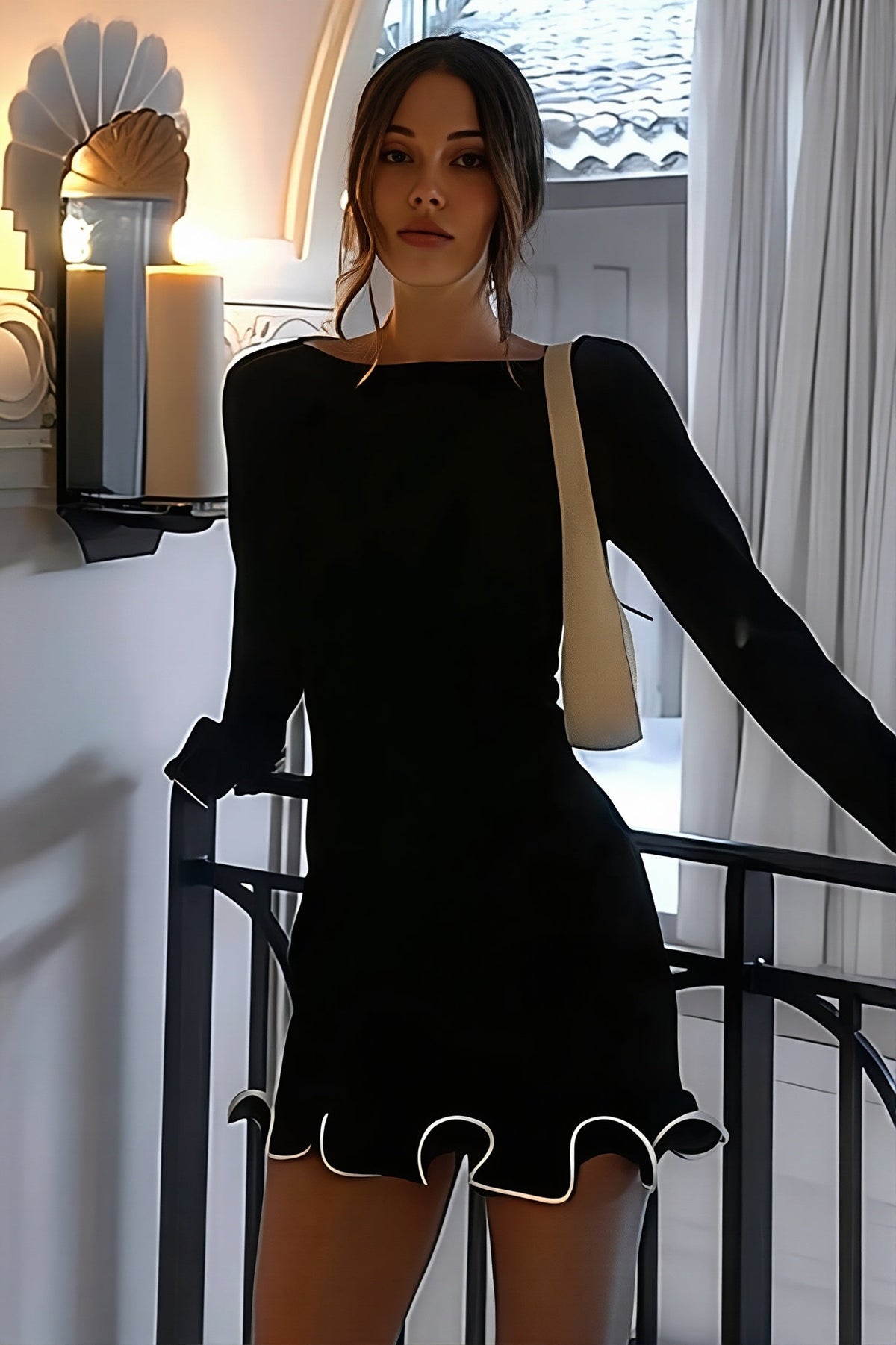Contrast Ruffle Long Sleeve Knit Mini Dress