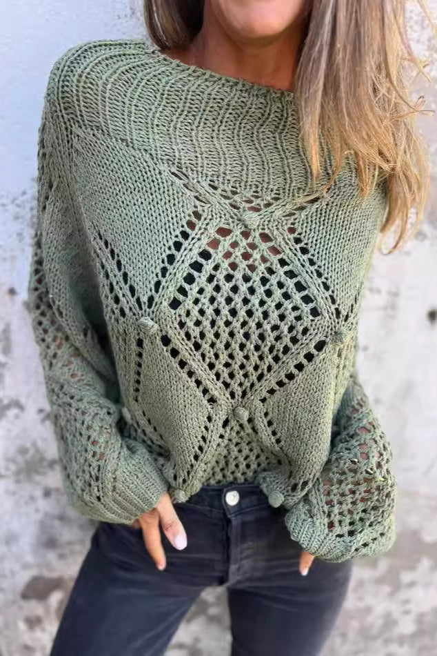 Elegant Round Neck Hollow Knit Sweater for Stylish Comfort