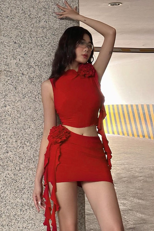 Floral Slim Bodycon Skirt Casual Two Piece Set