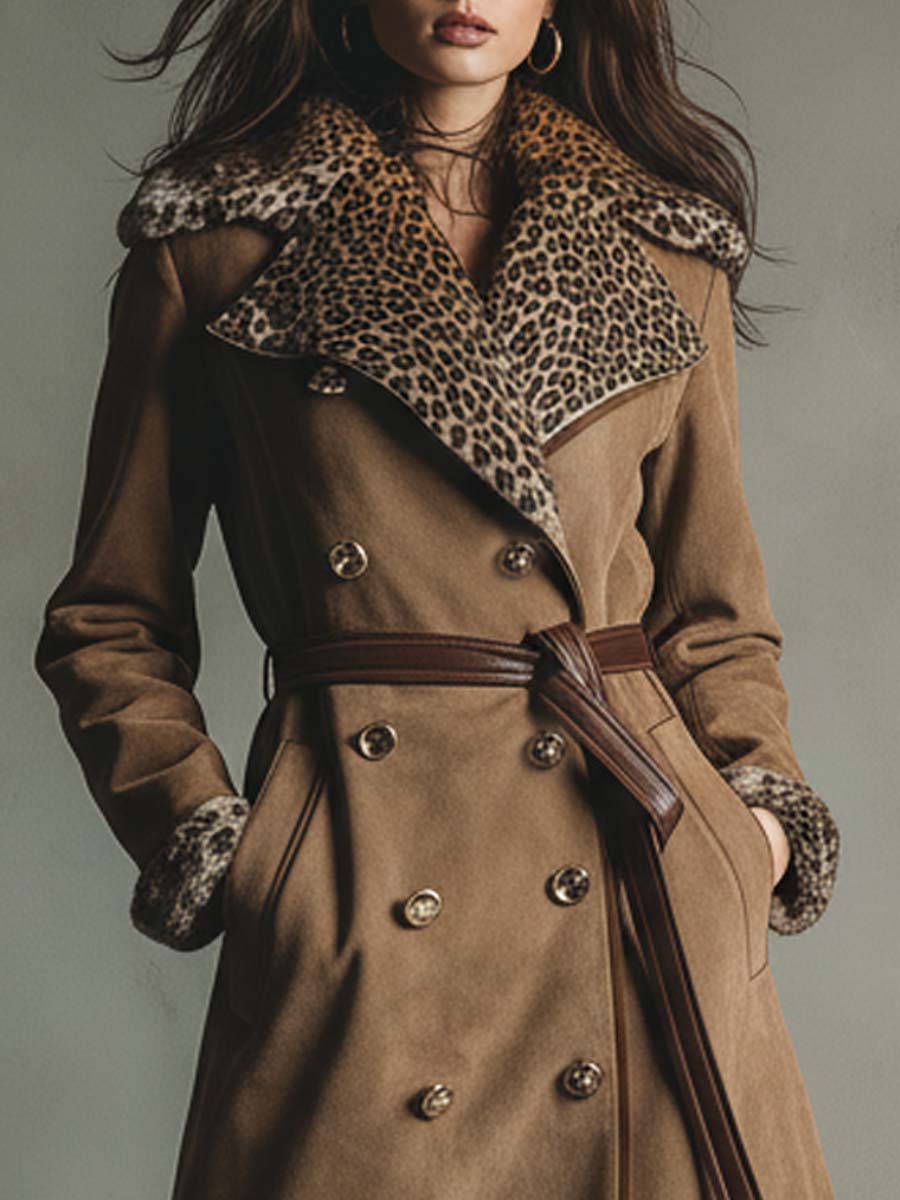 Camel Eco-Suede Trench Coat With Leopard Faux Fur Collar And Printed Lining