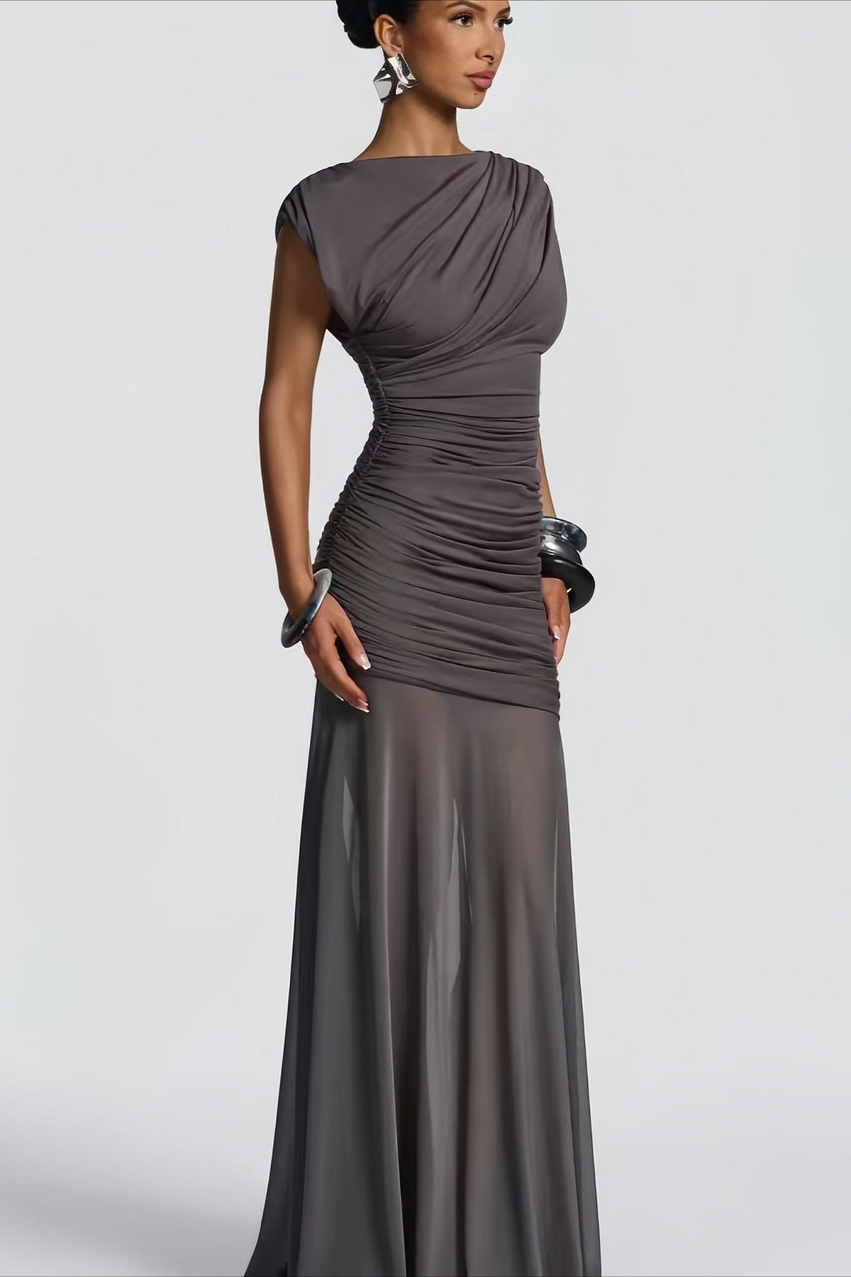 Boat Neck Cap Sleeve Ruched Mermaid Maxi Dress