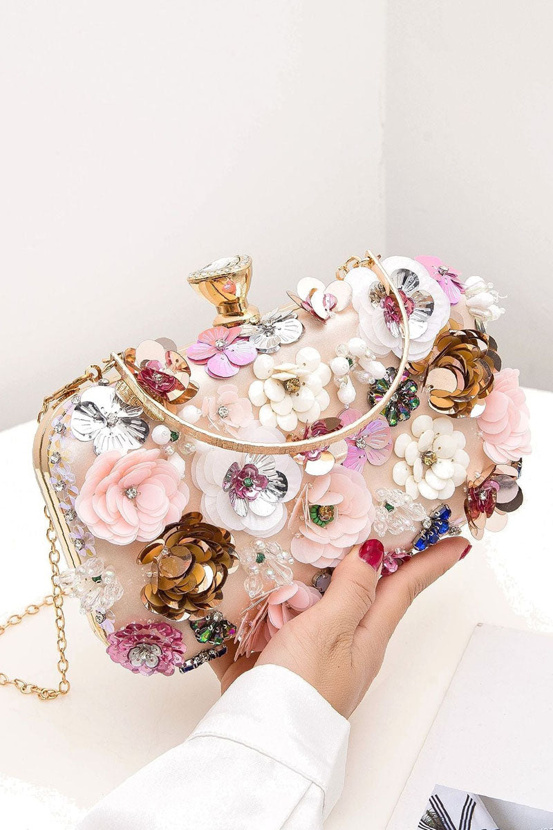 Floral Decor Clip Top Box Bag - Women Evening Clutch - Fashionpara