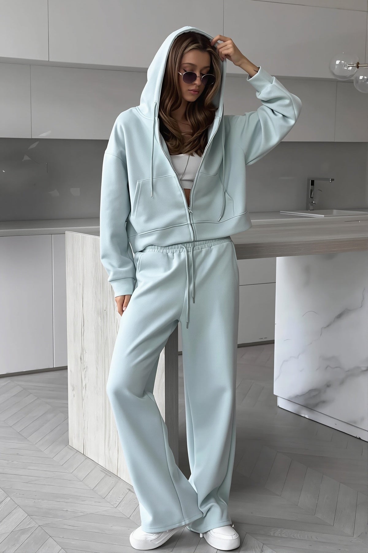 Zip Hoodie and Wide Leg Sweatpants Set