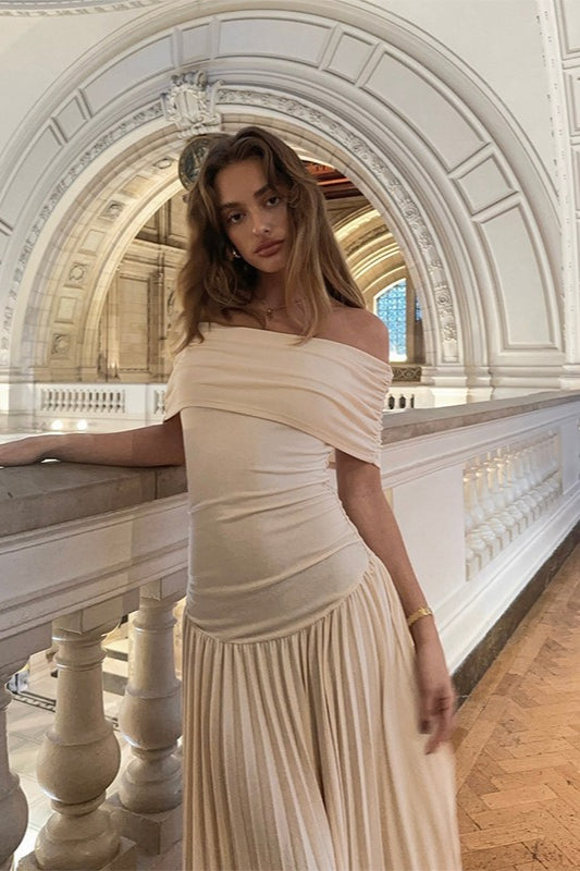 Off-Shoulder Ruched Pleated Fishtail Maxi Dress