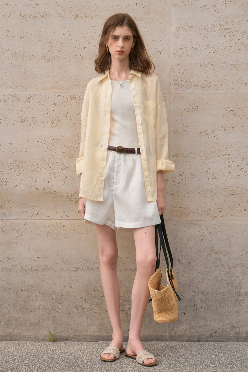 Sheer Linen Collared Long Sleeve Top