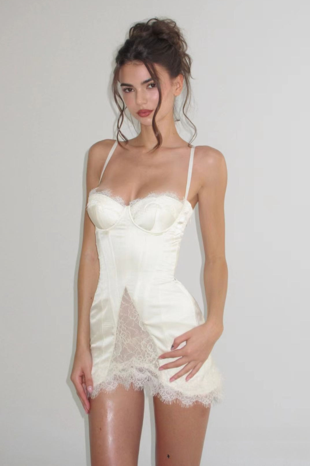 Satin Lace-Trim Sweetheart Bustier Corset Mini Dress