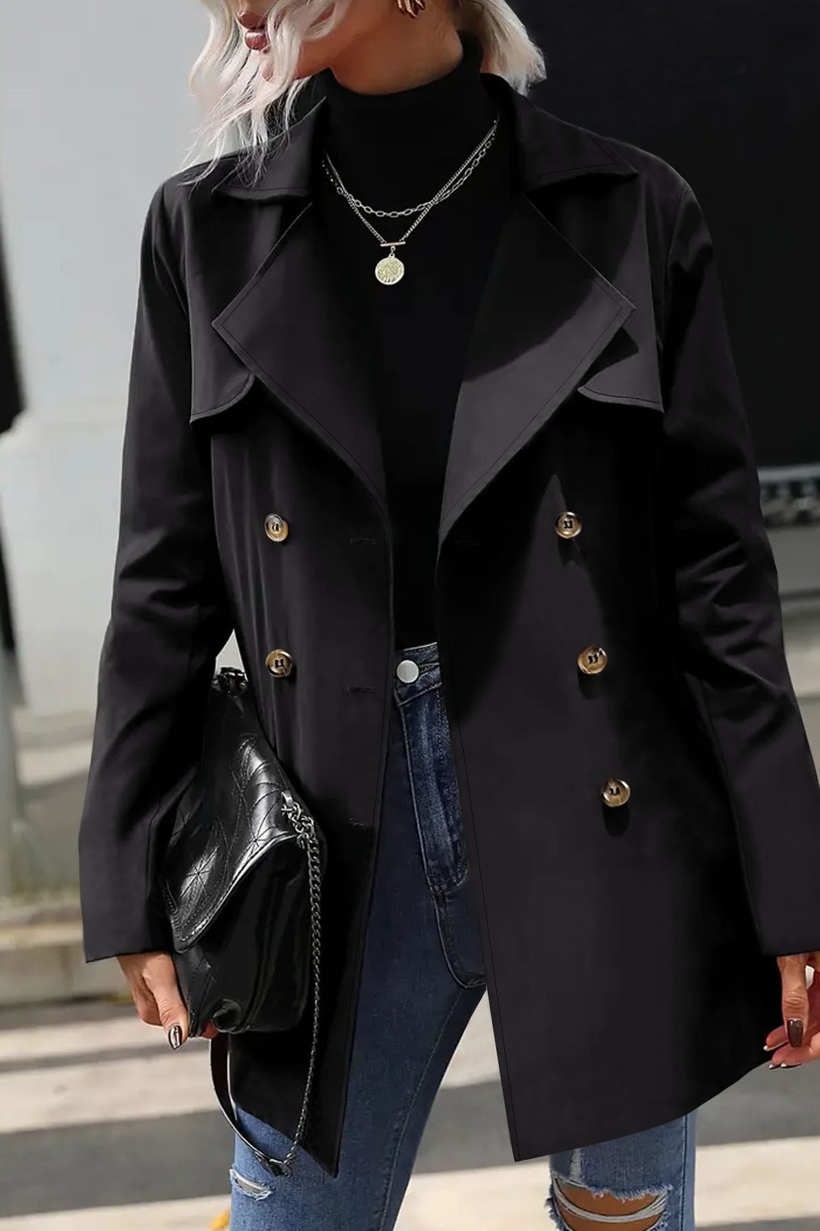 Solid Double-Breasted Tie Waist Mid-Length Trench Coat