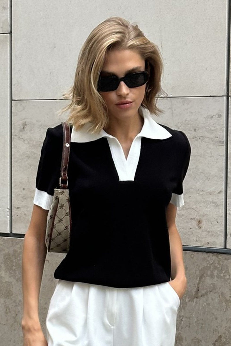 Contrast Collar Short Sleeve Polo Knit Sweater 5