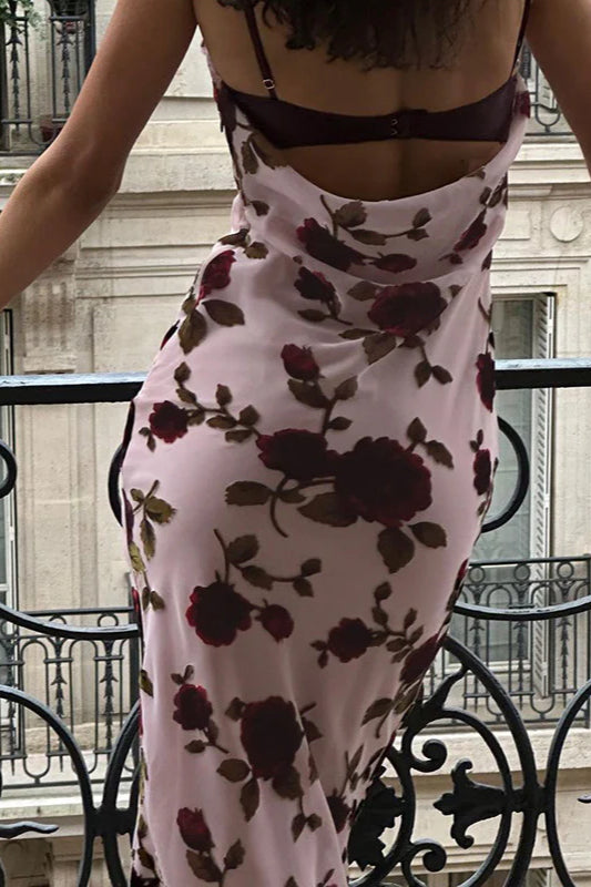 Rose Print Backless Cami Bodycon Maxi Dress