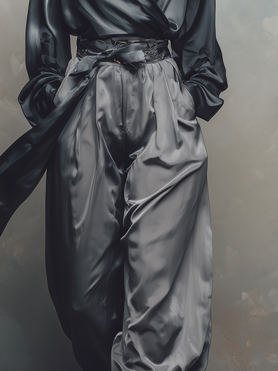 Retro Crossover Neck Blouse And Wide Leg Pants Set - Fashionpara