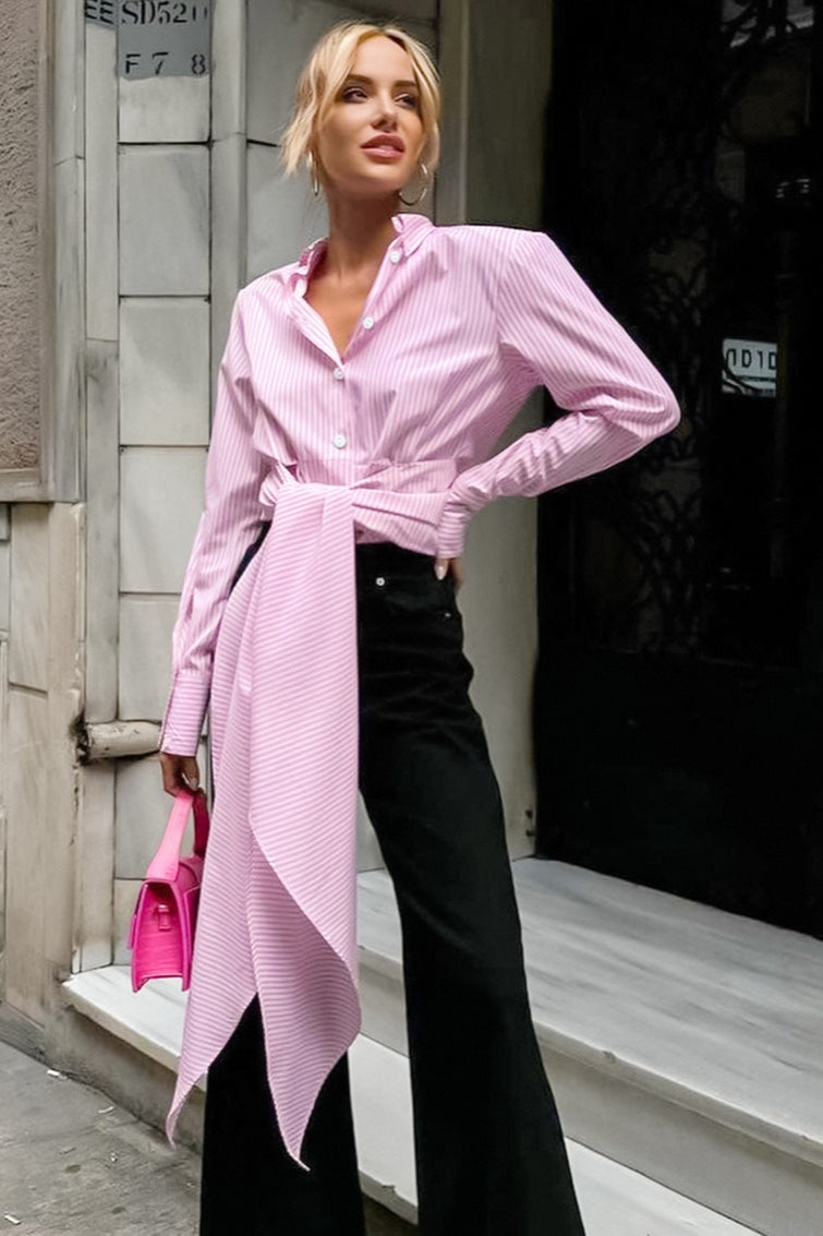 Striped Tie Waist Shirt Blouse