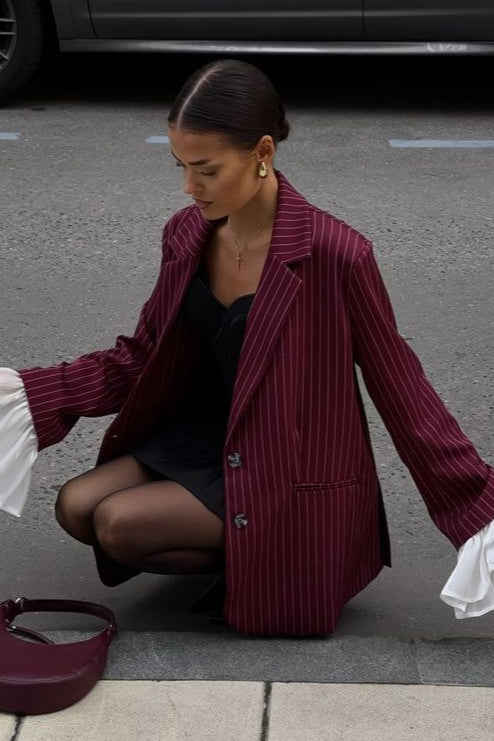 Striped Lace Ruffle Oversized Coat - Fashionpara