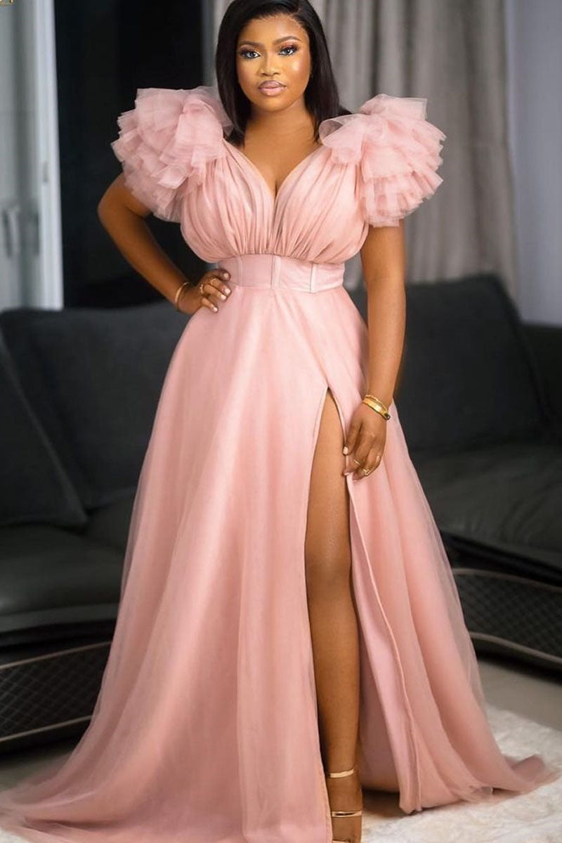 Plus Size Split Joint V Neck Tulle Ruffle Trailing Maxi Dress  Fashionpara