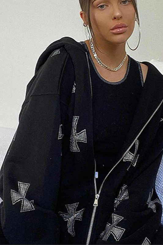 Cross Rhinestone Full-Zip Loose Hoodie