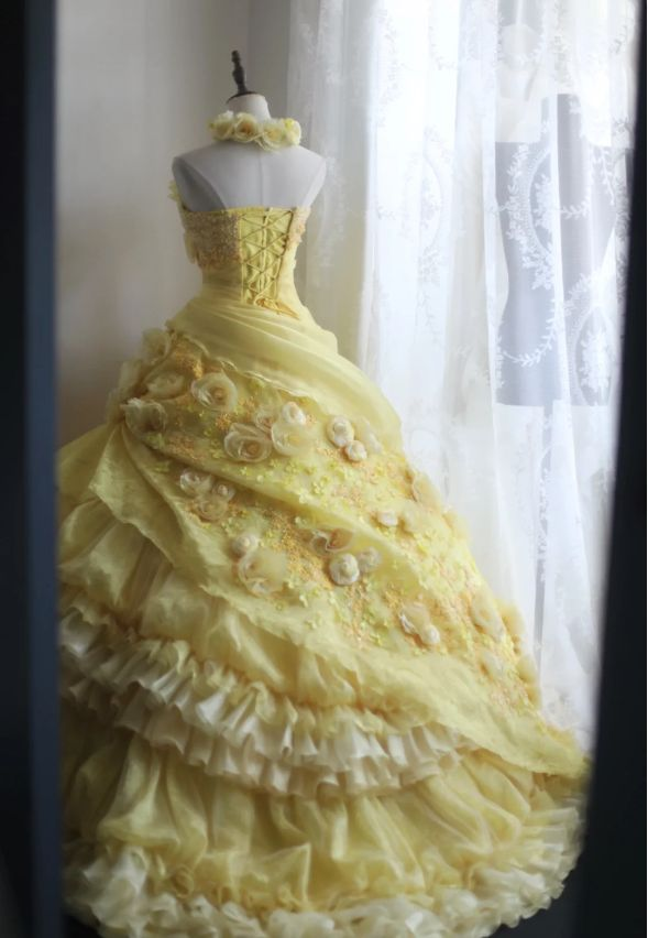 Yellow Pleated Layered Puff Sweet 15 Ball Gown Pleated Wedding Dress