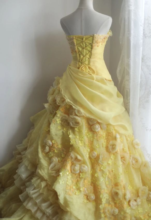 Yellow Pleated Layered Puff Sweet 15 Ball Gown Pleated Wedding Dress
