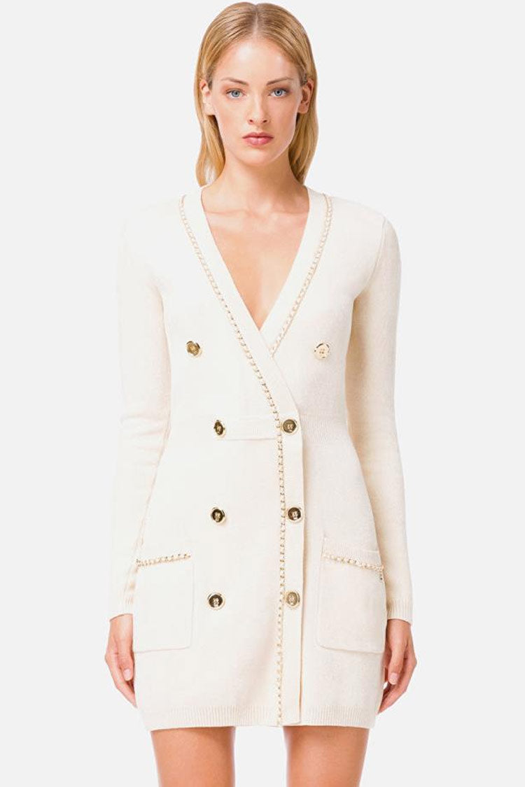 Chained Deep V Long Sleeve Sweater Mini Dress in Cream