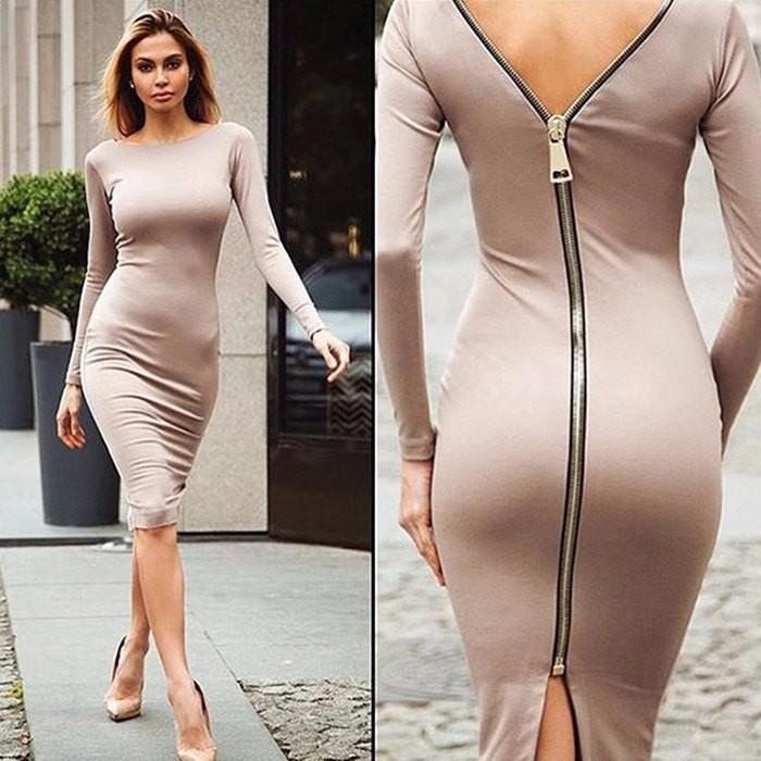 Long Sleeve Bodycon Exposed Back Zip Slit Midi Cocktail Dress - View 5