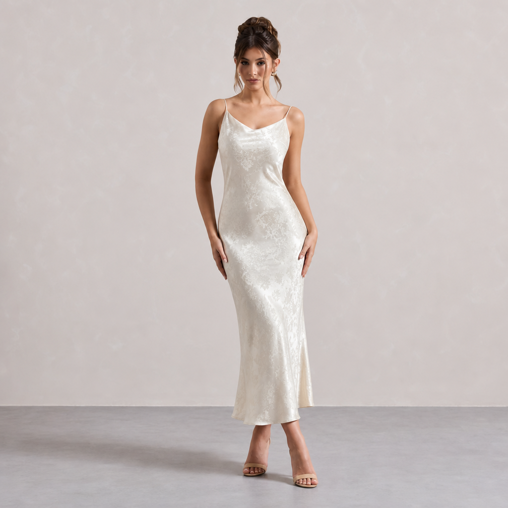 V-Neck Strappy Jacquard Satin Slip Maxi Dress 7