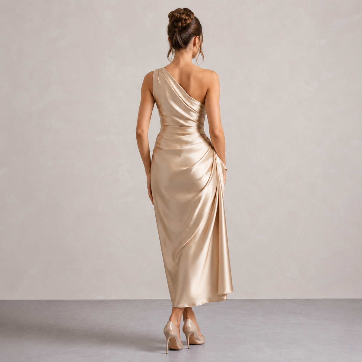 One Shoulder Ruched Draped Satin Midi Dress 6