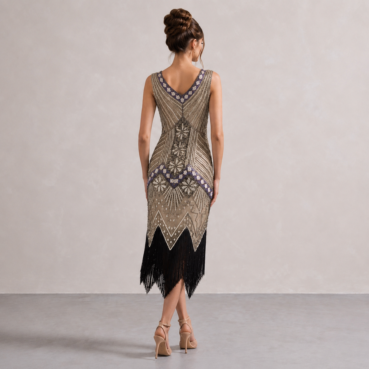 V-Neck Beaded Fringe Sleeveless Flapper Midi Dress 23