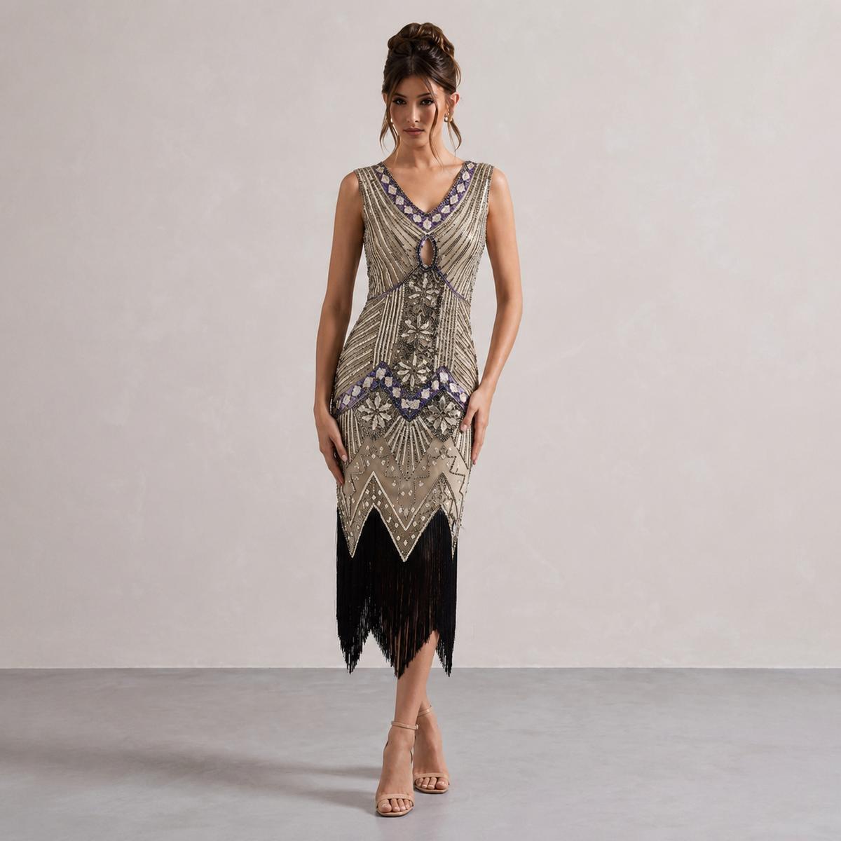 V-Neck Beaded Fringe Sleeveless Flapper Midi Dress 21