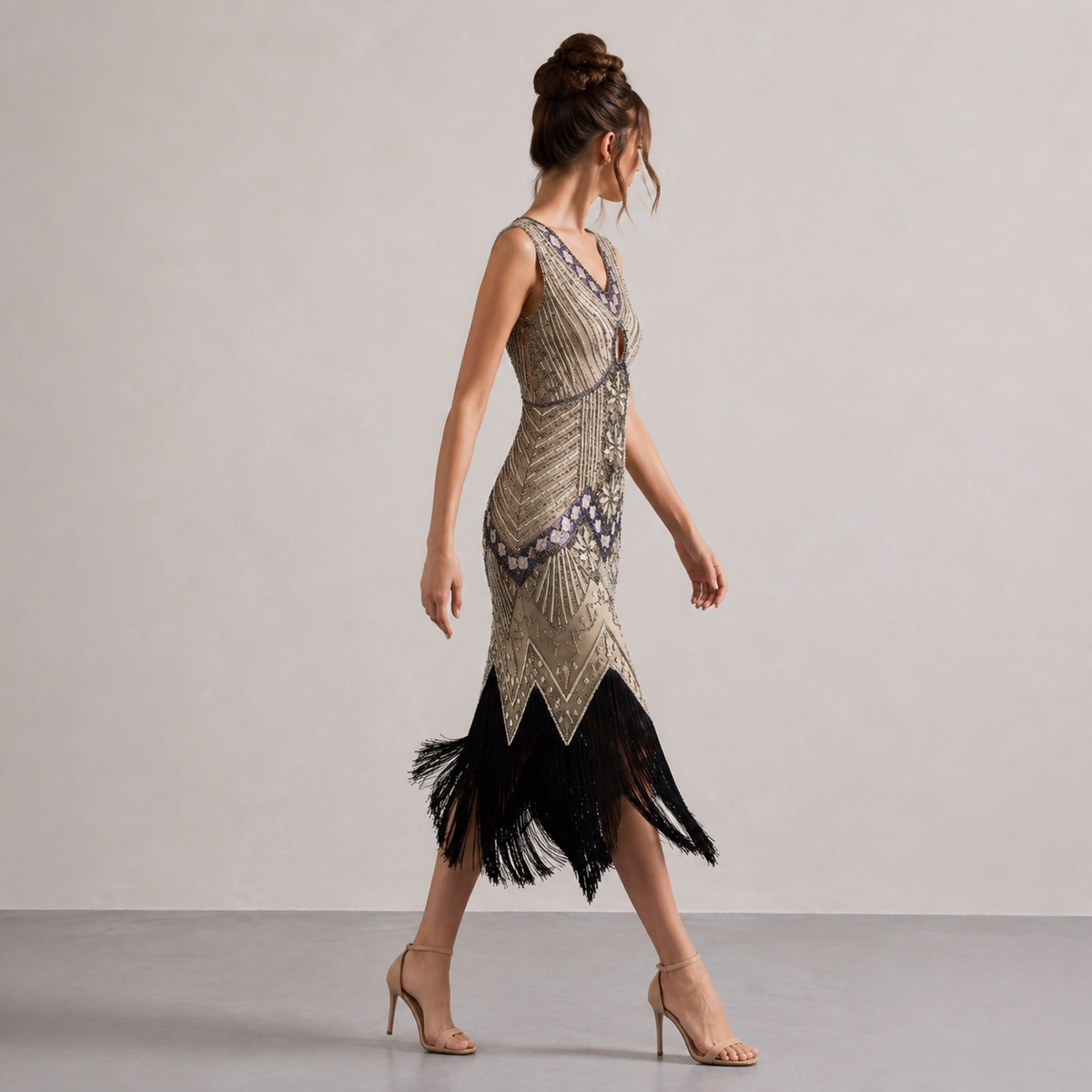 V-Neck Beaded Fringe Sleeveless Flapper Midi Dress 24