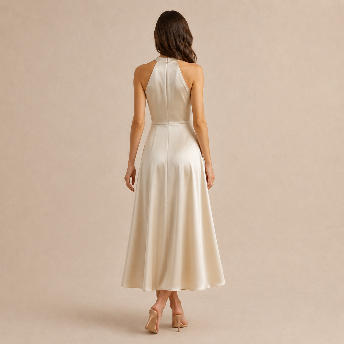 Halter Neck Pearl Trim Satin A-Line Midi Dress 3