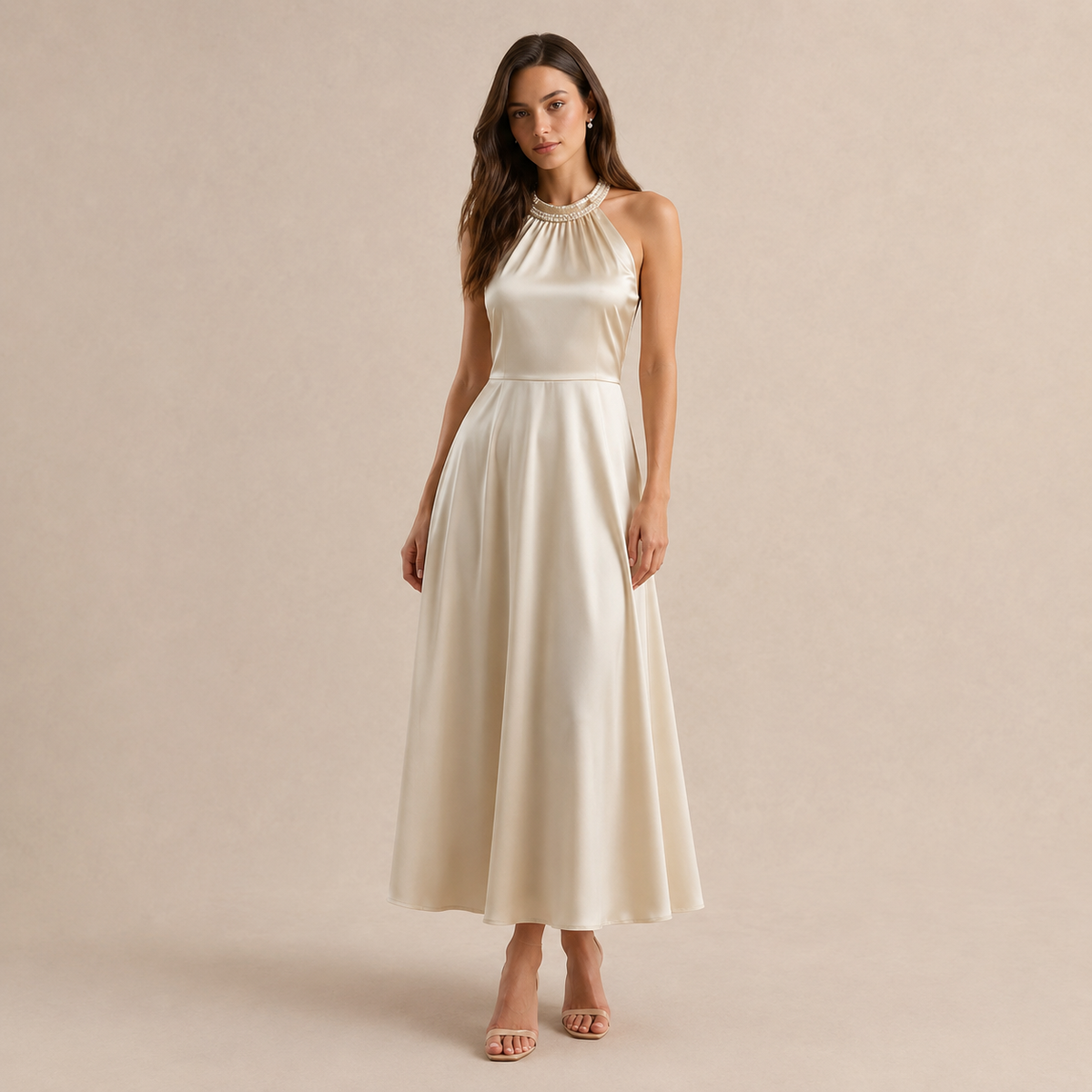 Halter Neck Pearl Trim Satin A-Line Midi Dress