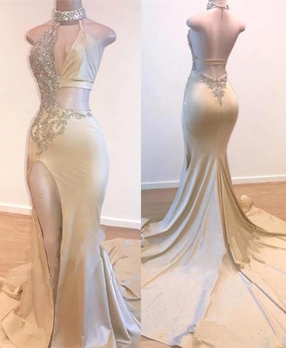 Champagne Sleeveless Prom Dress Mermaid Backless With Split - Fashionpara
