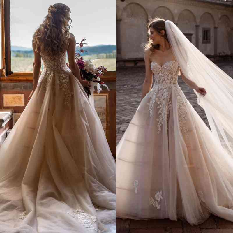 Champagne Sweetheart Wedding Dress Tulle With Lace Appliques - Fashionpara