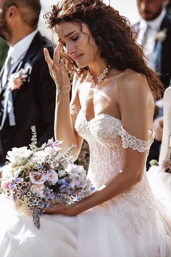 Champagne Tulle Bridal Dress Off-the-Shoulder With Appliques - Fashionpara