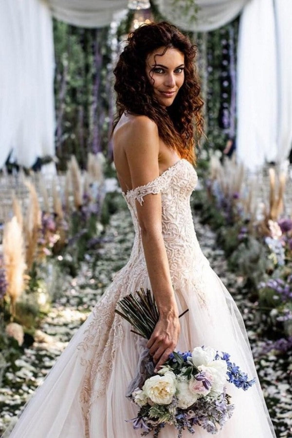 Champagne Tulle Bridal Dress Off-the-Shoulder With Appliques - Fashionpara