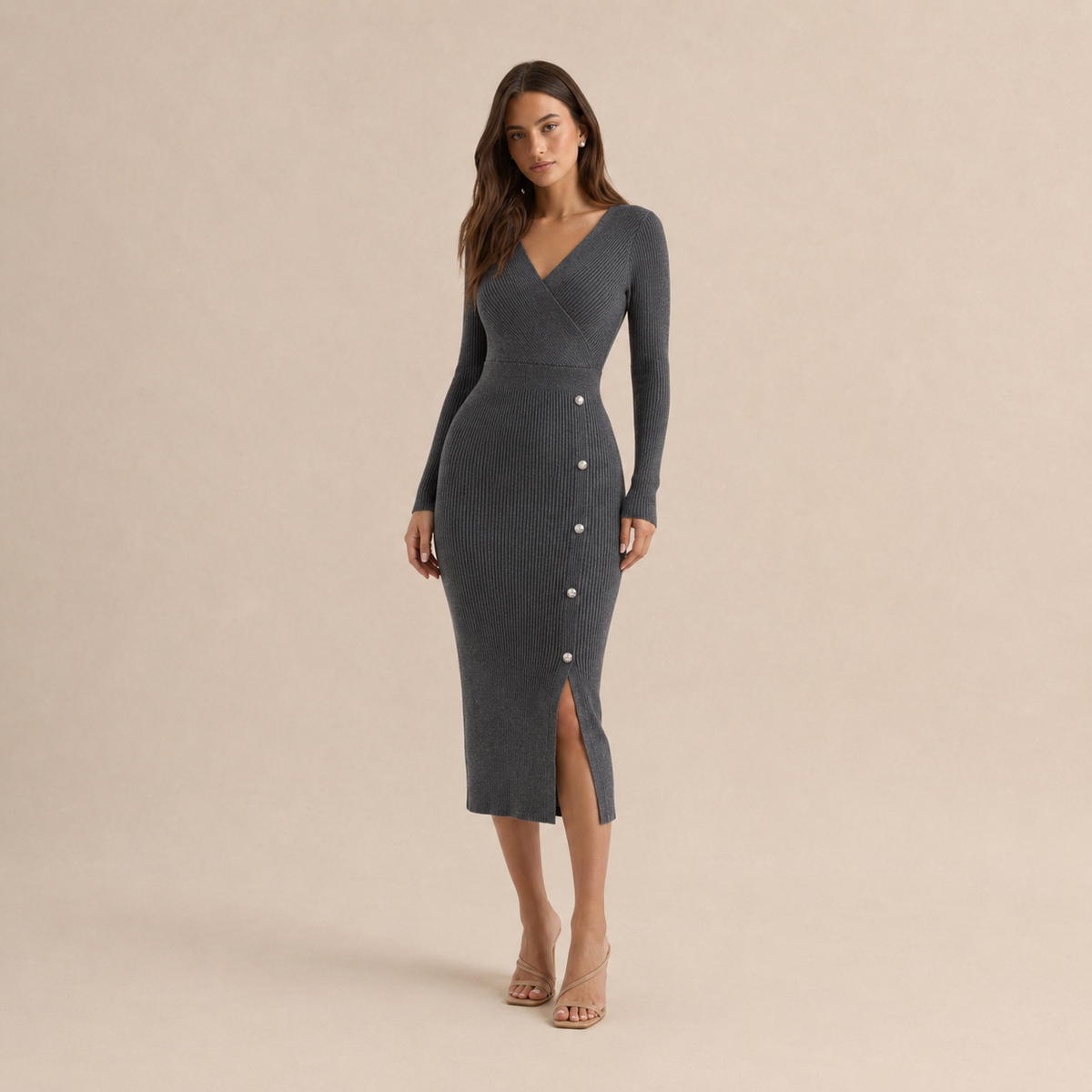 V-Neck Long Sleeve Button Side Ribbed Knit Midi Dress 17