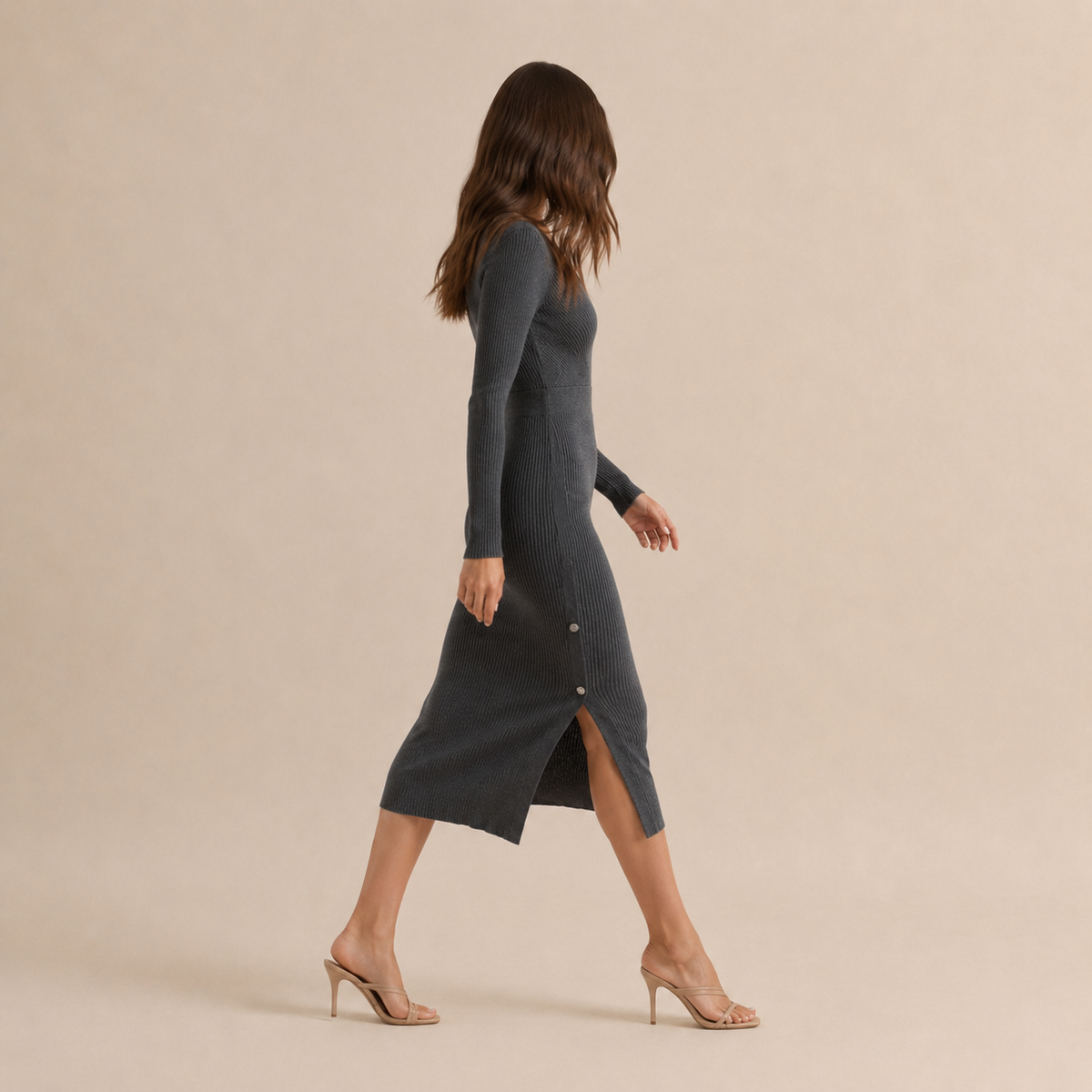 V-Neck Long Sleeve Button Side Ribbed Knit Midi Dress 20
