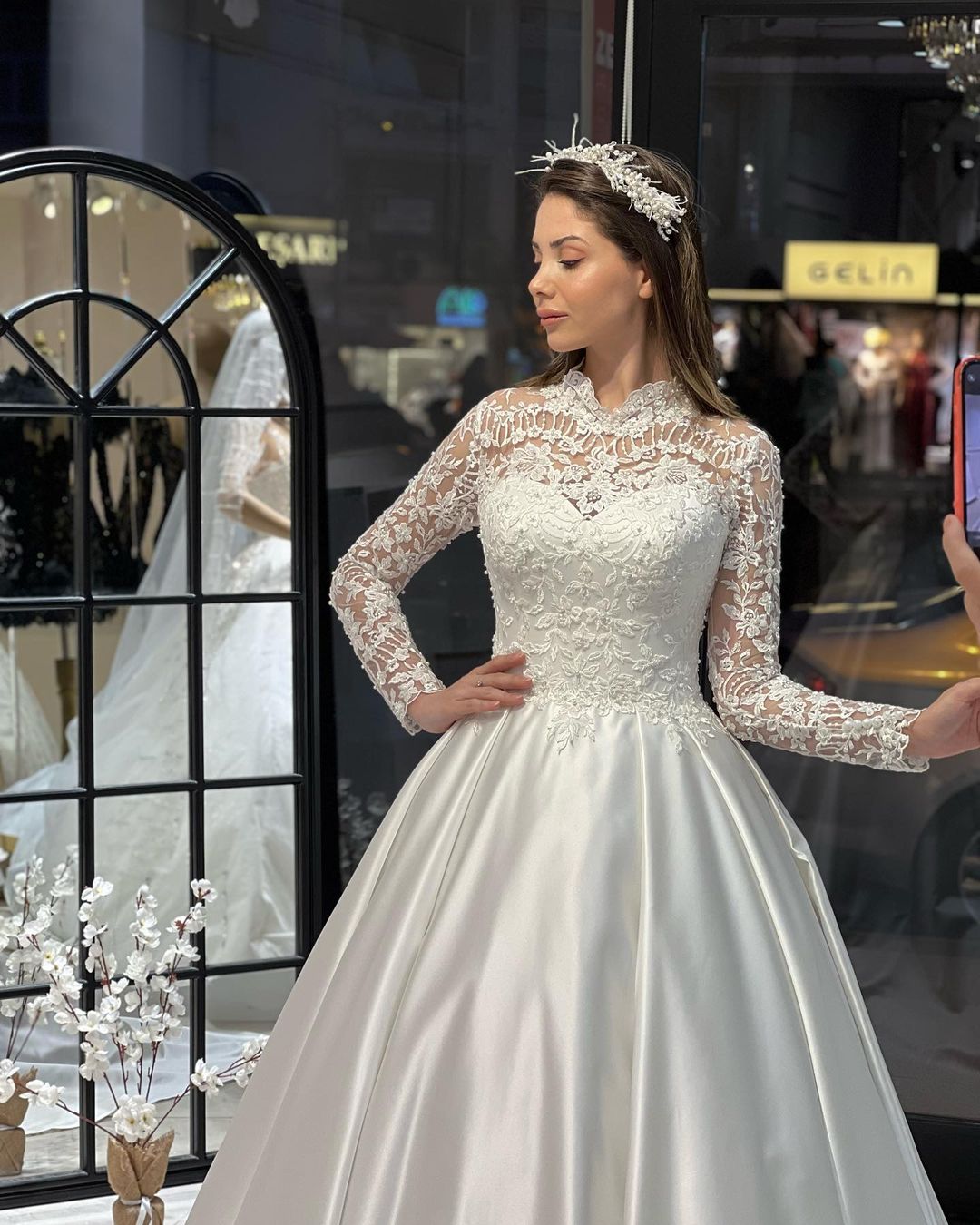Charming Floor-Length Crew Neck Long Sleeves A-Line Satin Wedding Dress with Ruffles - Fashionpara