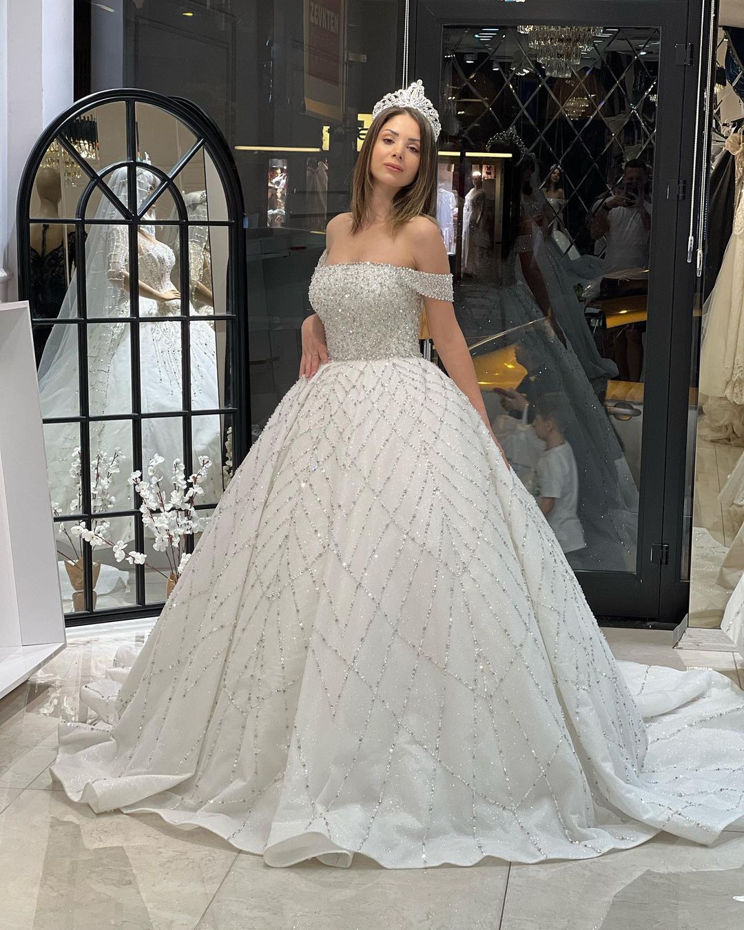 Charming Floor-Length Off-The-Shoulder A-Line Sequined Wedding Dress with Court Train - Fashionpara