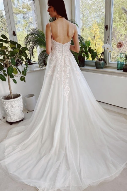 Charming Garden Spaghetti Straps A-Line Lace Bridal Gown - Fashionpara