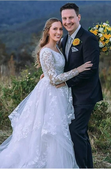 Charming Long Sleeves V-Neck A-Line Garden Lace Wedding Dress - Fashionpara