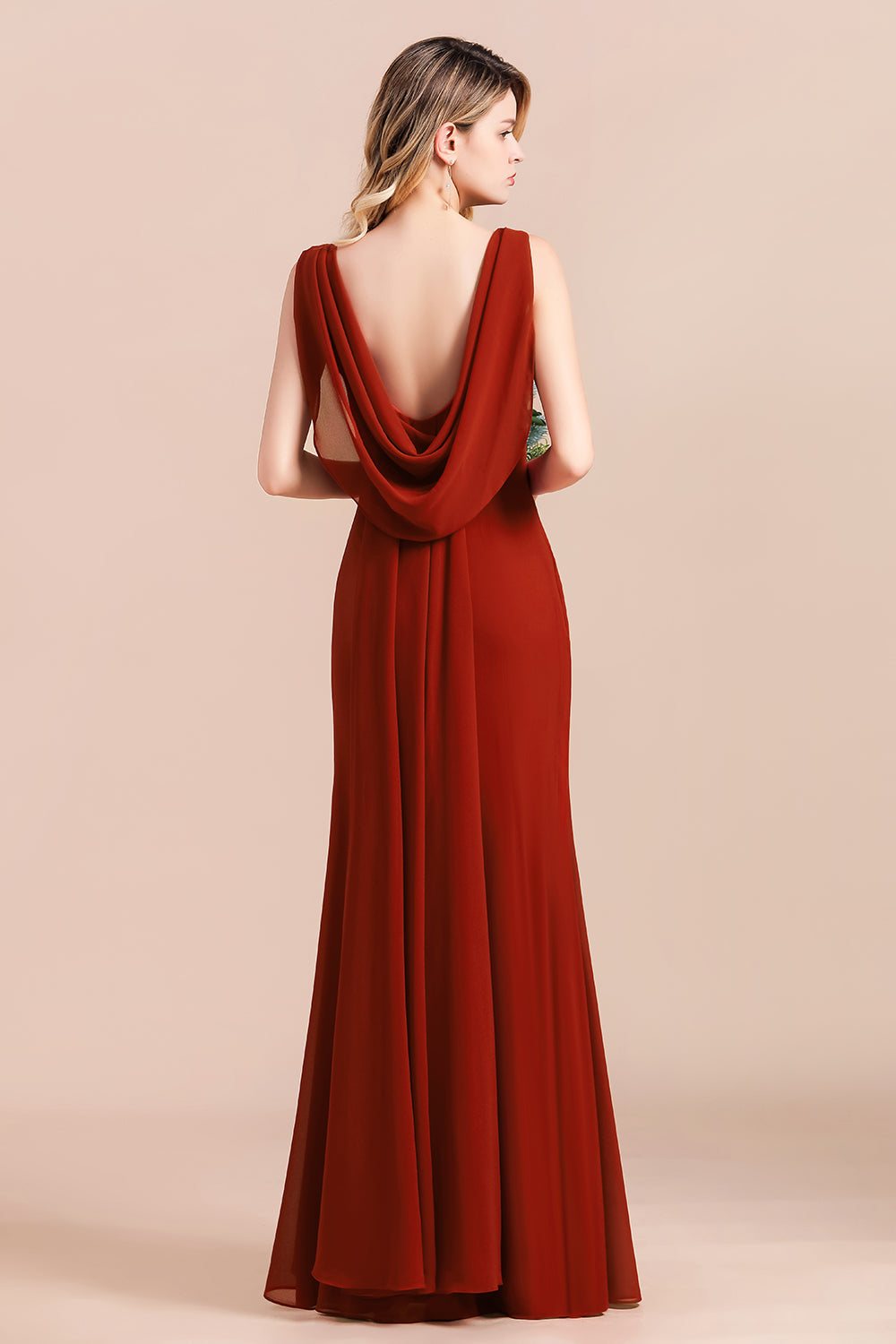 Charming Mermaid V-Neck Drapped Back Bridesmaid Dresses - Fashionpara