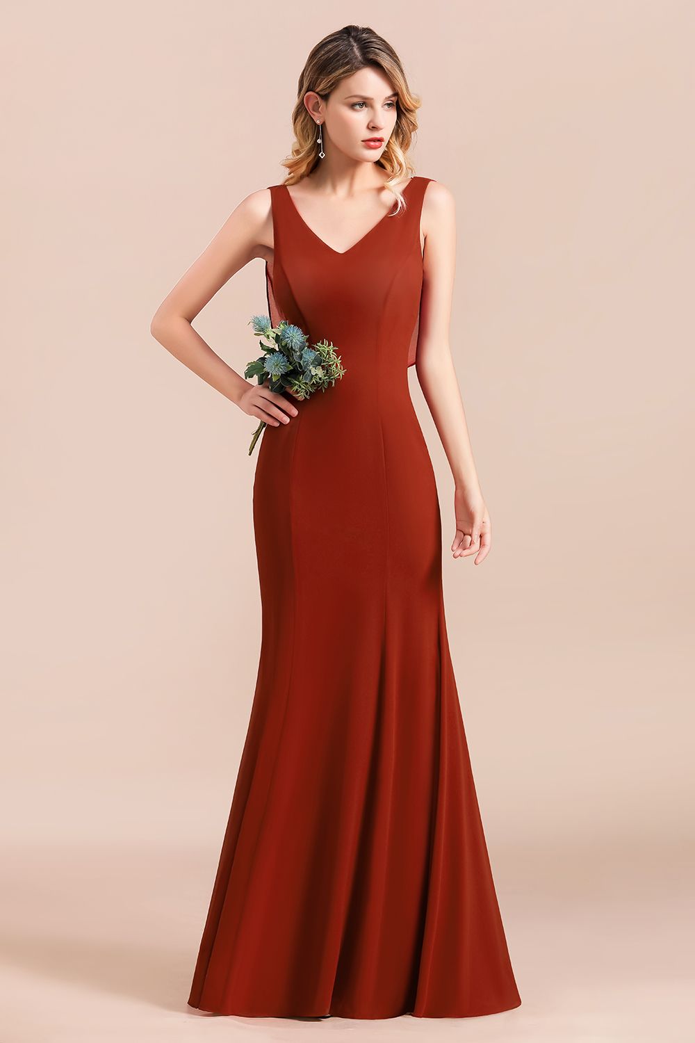 Charming Mermaid V-Neck Drapped Back Bridesmaid Dresses - Fashionpara