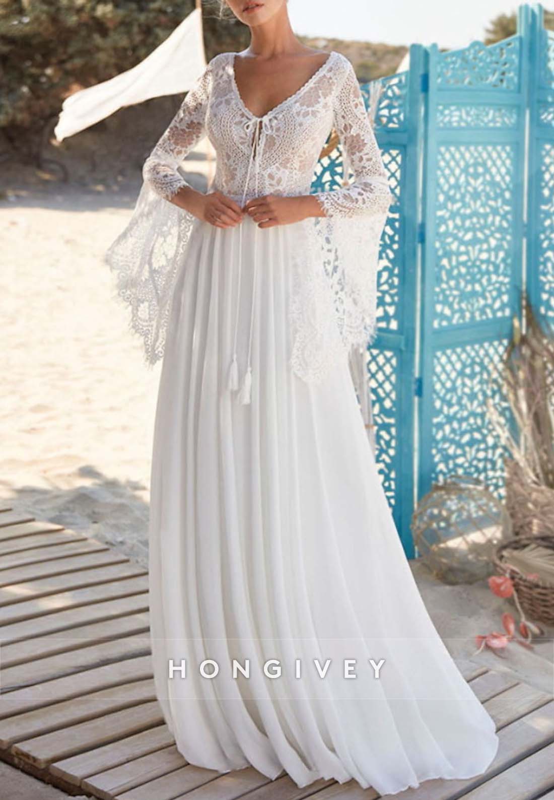 V Back Pleated Lace Sweep Train V Neck Flutter Sleeves Boho Wedding Dresses
